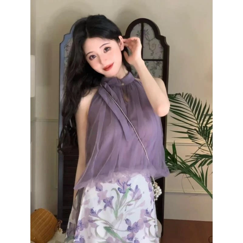 【祖祖清清专场】【花落无声】法式灵动鸢尾花紫色套装露肩挂脖ZZ290