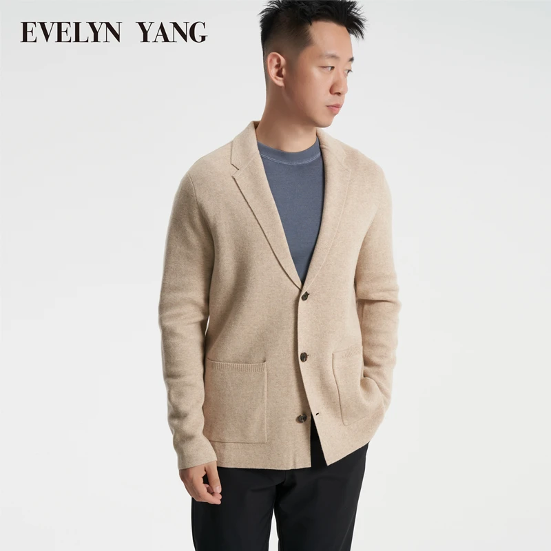 EVELYN YANG男士春季新款纯色商务休闲羊毛针织外套