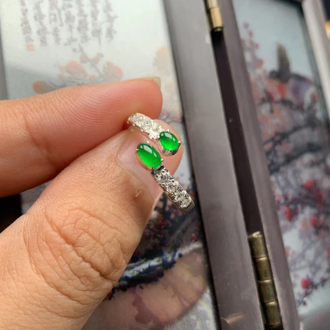 天然A货翡翠戒指正冰阳绿冰透翡翠女戒冰绿气质双头戒