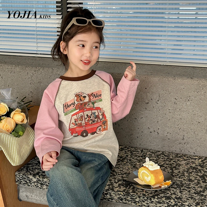 YOJIA女童长袖T恤春季2025新款韩版圆领小女孩上衣儿童打底衫春秋
