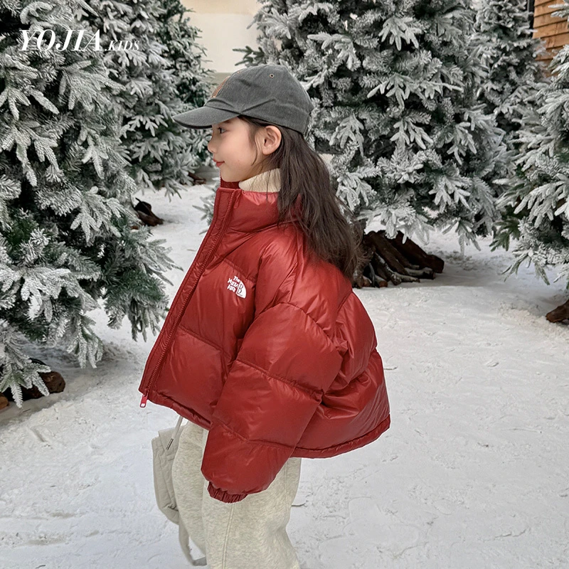 女童羽绒服冬装2024新款洋气短款女孩面包服红色加厚保暖立领外套