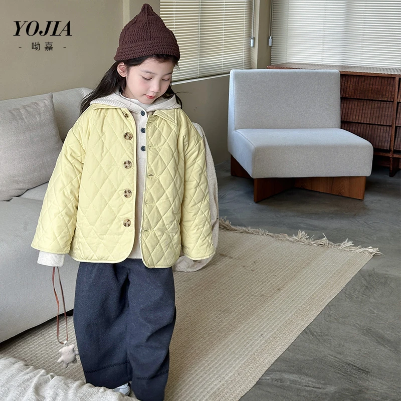 YOJIA女童棉服冬装2024新款洋气菱形格棉衣加厚保暖儿童外套冬季