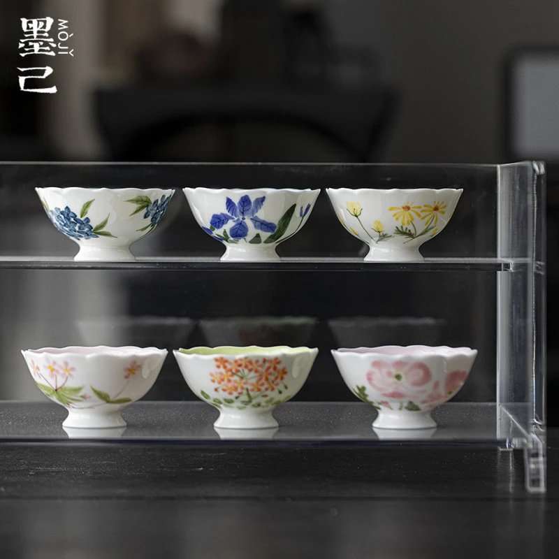墨己仿宋花口手绘花卉茶杯功夫茶具陶瓷内釉温馨主人杯喝茶品茗杯