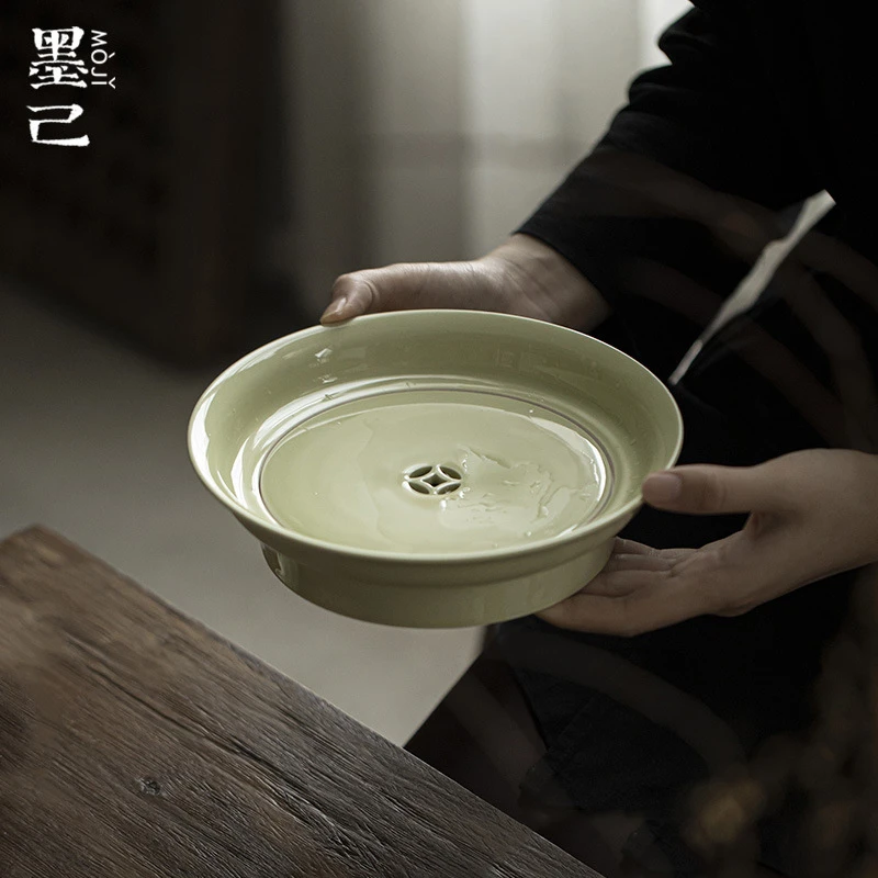 墨己仿宋绿釉铜钱蓄水壶承功夫茶具干泡盘茶道配件家用小茶盘