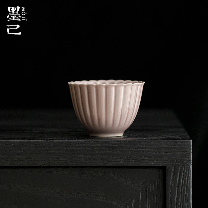 墨己 紫红汝釉筋纹菊瓣茶杯功夫茶具陶瓷仿古菊口品茗杯家用单杯