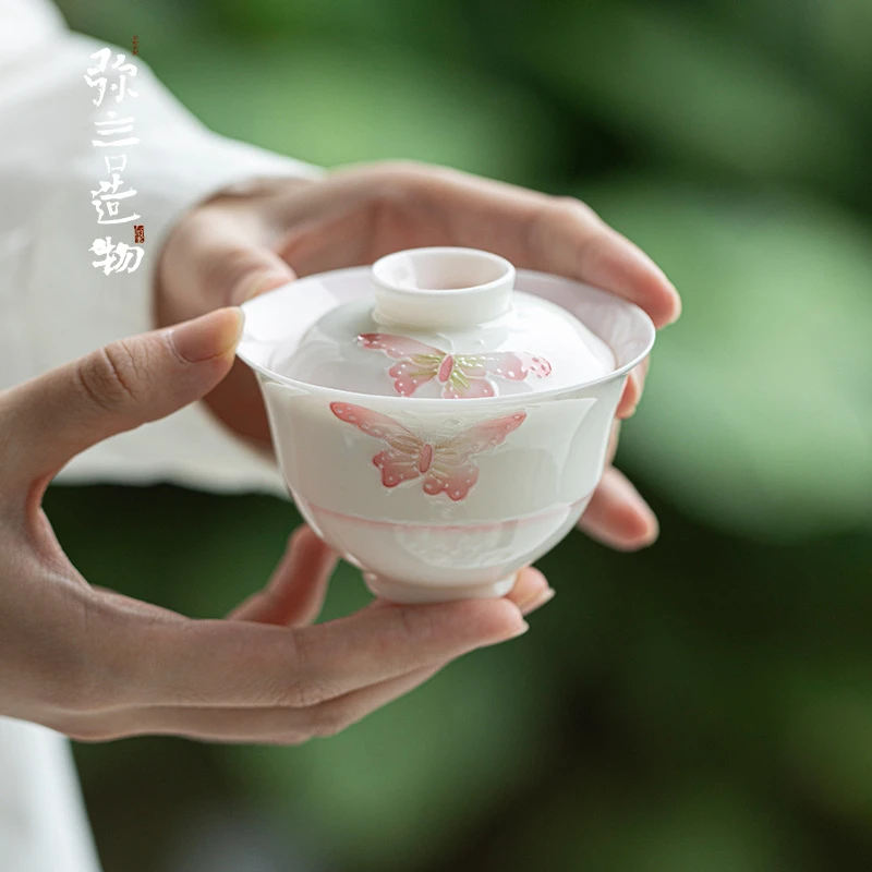 弥言日式有田烧浮雕盖碗釉下彩手绘蝴蝶泡茶碗茶杯功夫茶具不烫手
