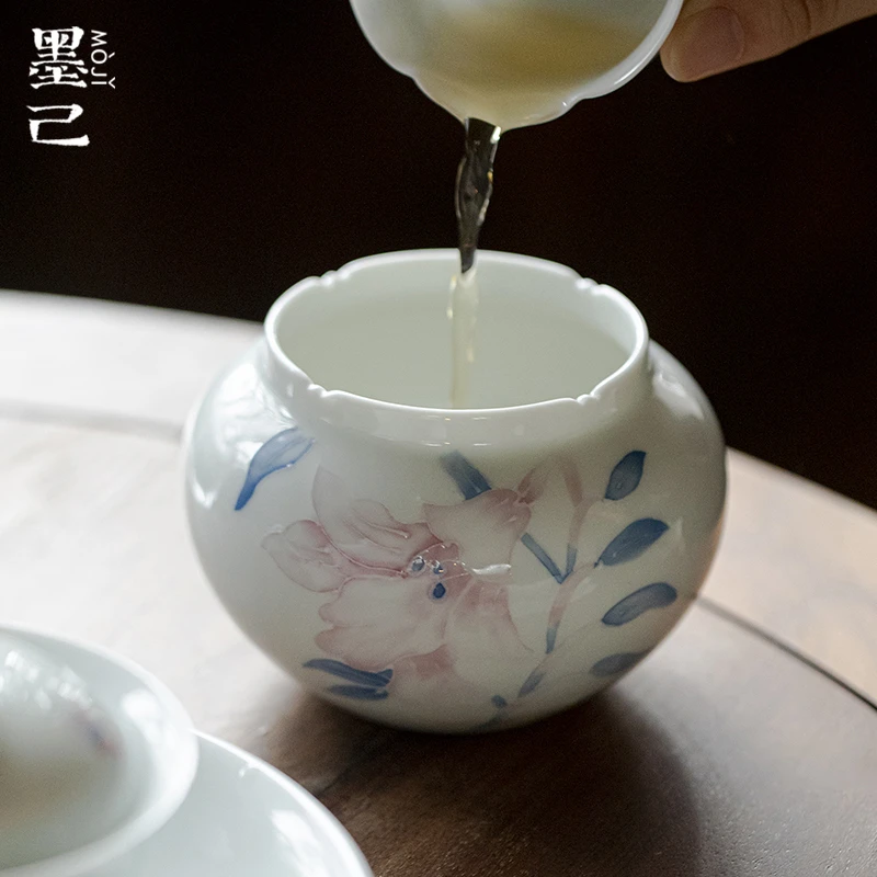 墨己水盂玉泥有田烧高档家用手绘百合陶瓷圆满一人用建水茶桌配件