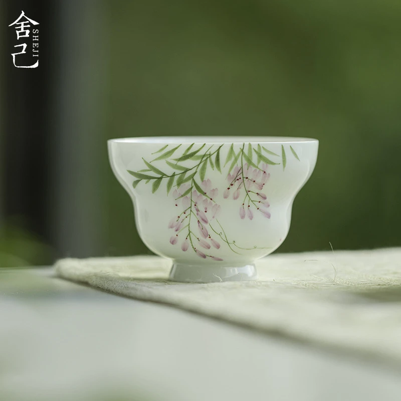 墨己白瓷云饶紫藤葫芦茶杯品茗杯功夫茶具陶瓷主人杯家用单杯