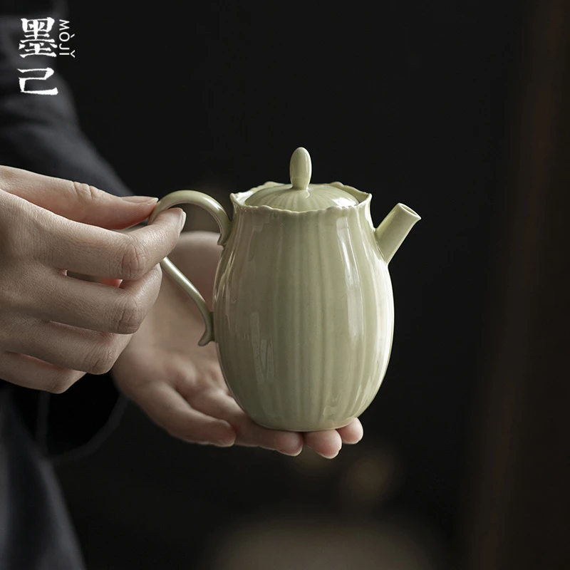 墨己仿宋绿釉小花边茶壶功夫茶具陶瓷泡茶手执壶球孔过滤家用茶壶