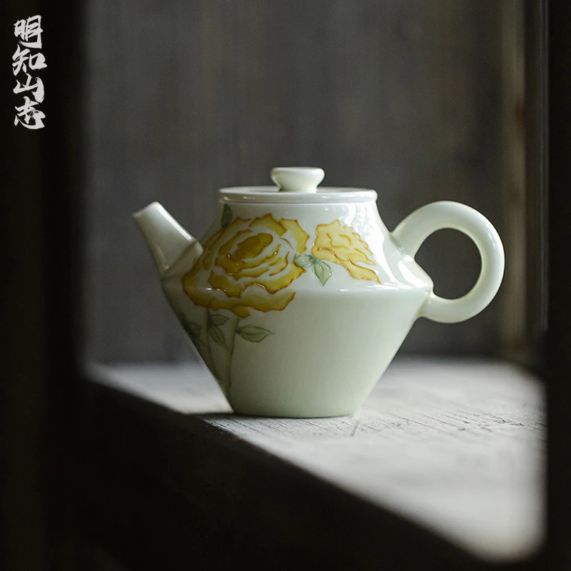 明知山志手绘玫瑰的故事泡茶壶功夫茶具陶瓷釉下彩文人器手执壶