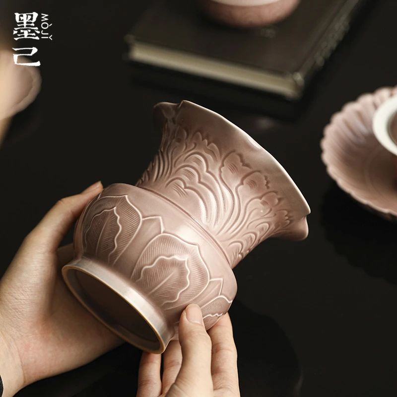 墨己 紫红汝釉仰莲瓣花艺建水茶道配件仿古花瓶水盂茶席废水缸