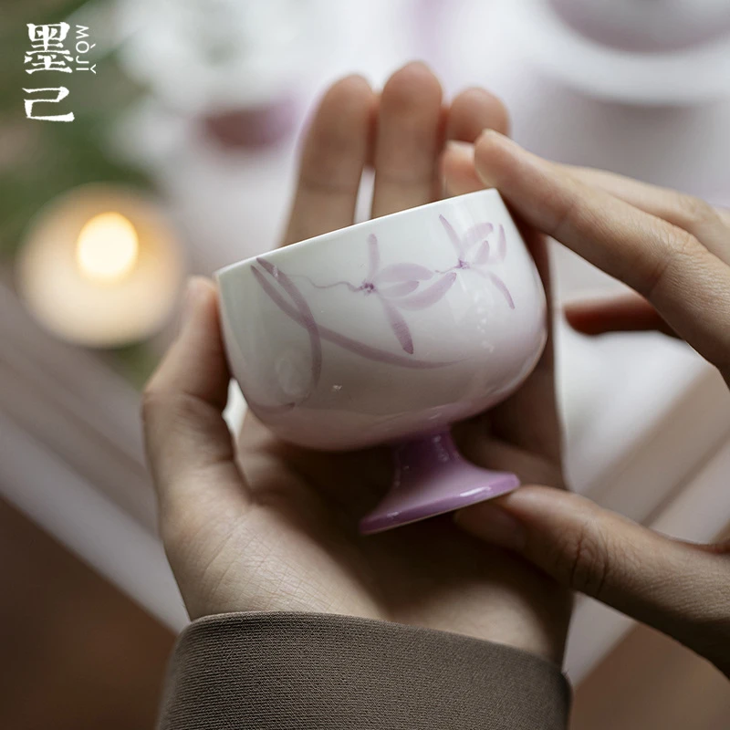 墨己玉泥渐变紫高足仿宋圆口茶杯幻紫兰吟家用手绘兰花单品茗杯fF