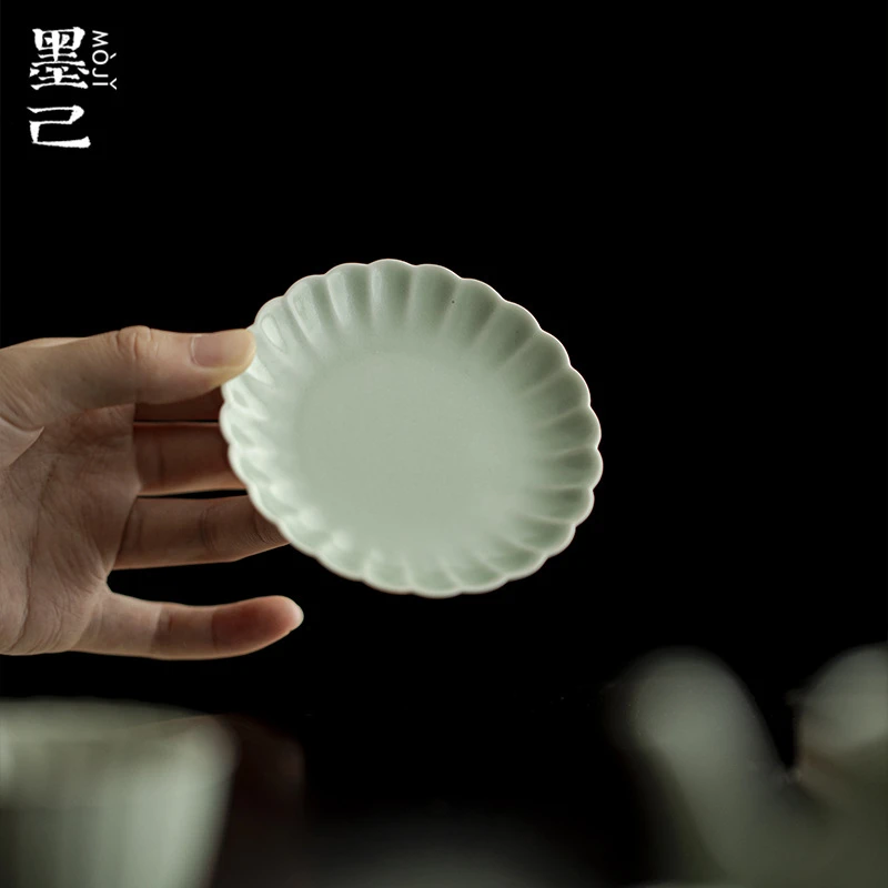 墨己 豆青汝釉筋纹菊瓣杯垫茶道配件花边茶杯底托仿宋陶瓷杯垫子