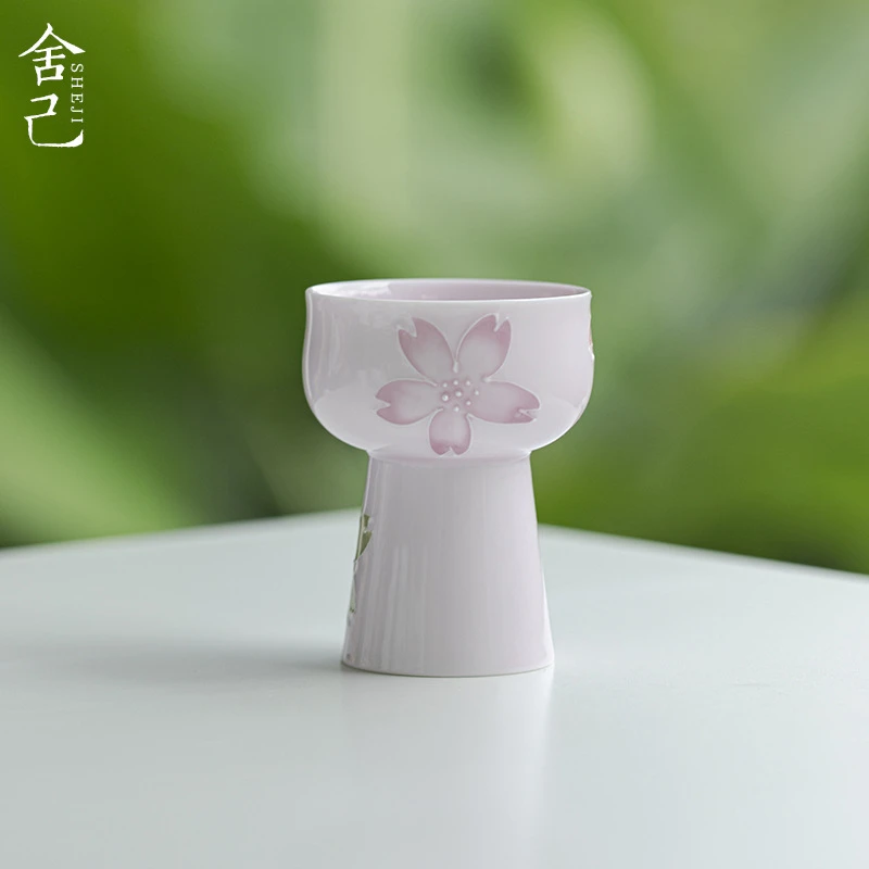 墨己手绘粉色樱花高足品茗杯功夫茶具家用女生陶瓷主人杯单杯