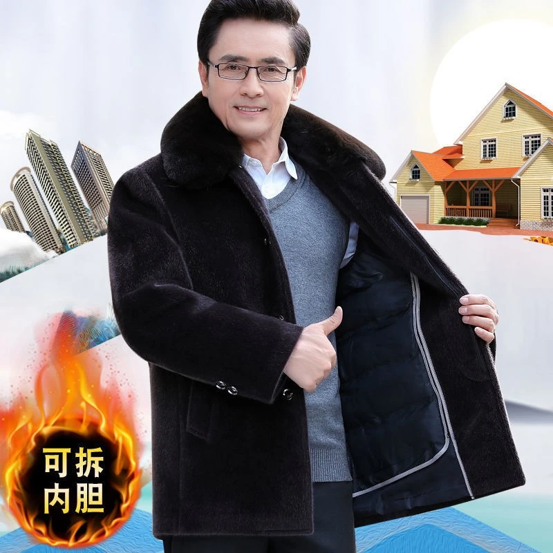 中老年貂绒大衣男爸爸冬装外套老年人棉衣可拆卸加厚呢加绒爷爷装
