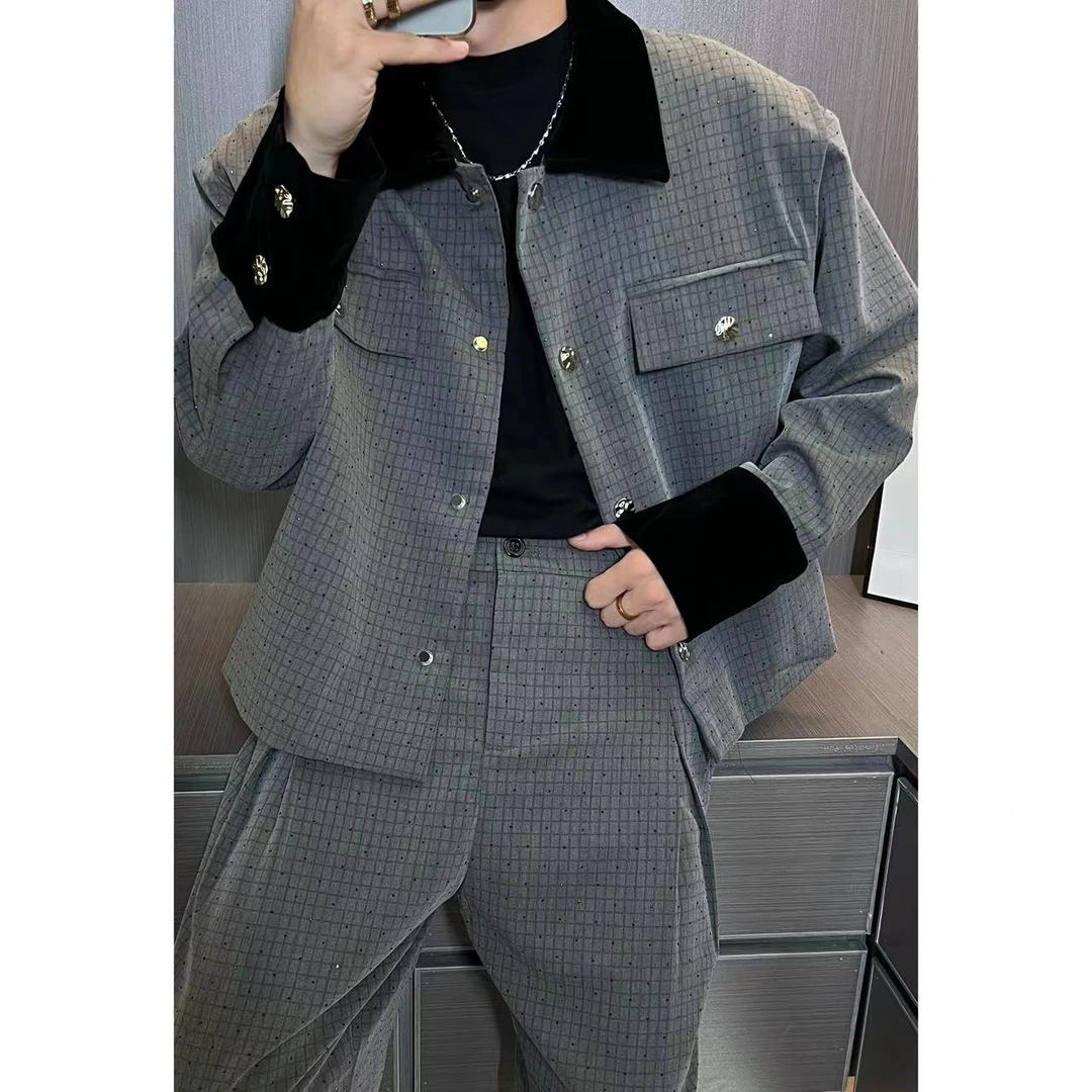 套装J07096男士秋季高品质格子虽然拼接带钻套装