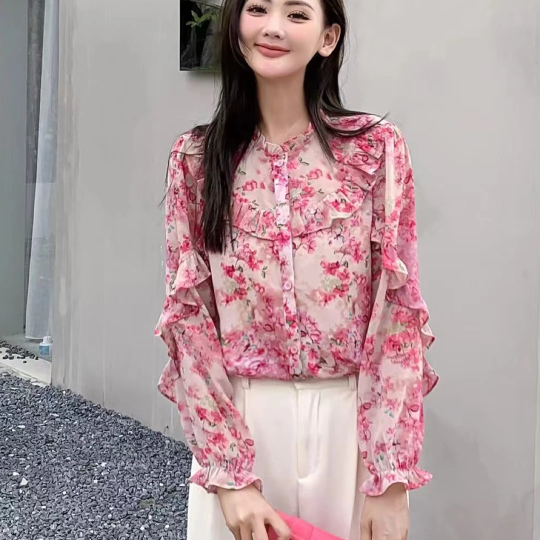 显瘦气质法式甜美荷叶边洋气时尚碎花衬衫