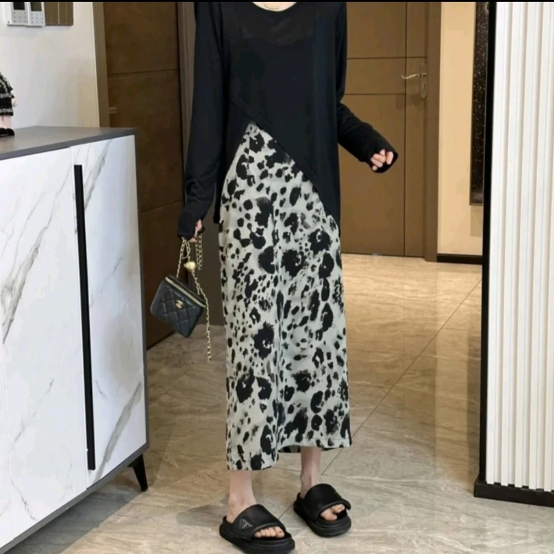 欧货不规则开叉长袖薄款防晒衫+时尚洋气豹纹半身裙两件套装女