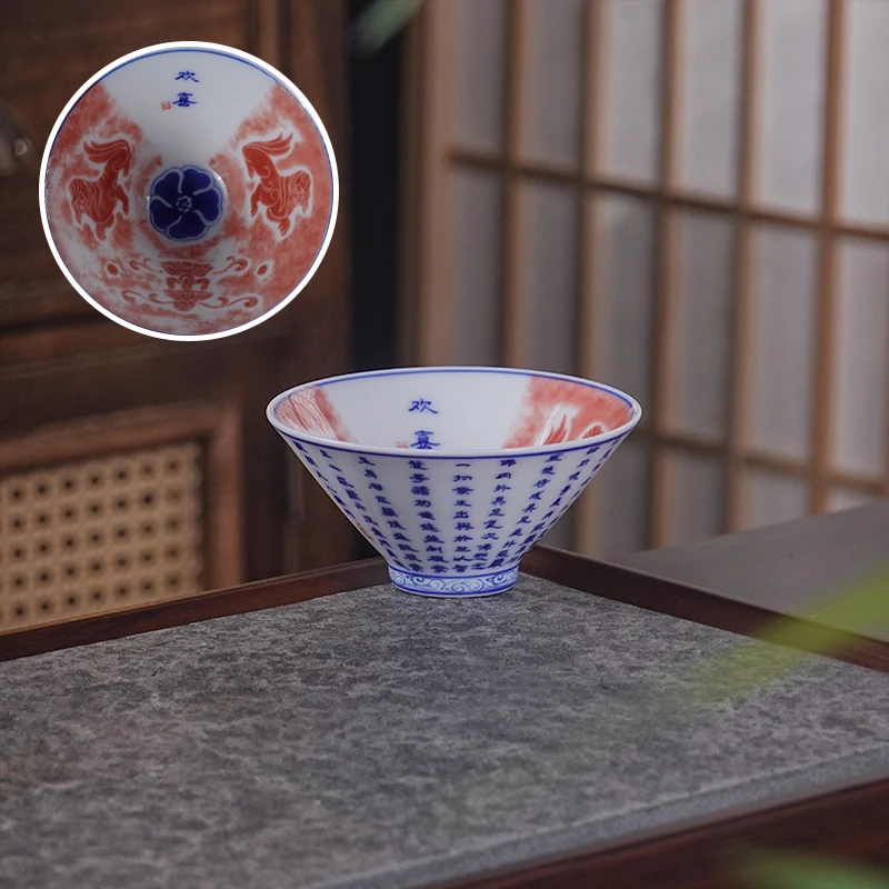 敦煌拓片拓画三才盖碗景德镇青花瓷釉里红茶杯大套装整套茶具套装