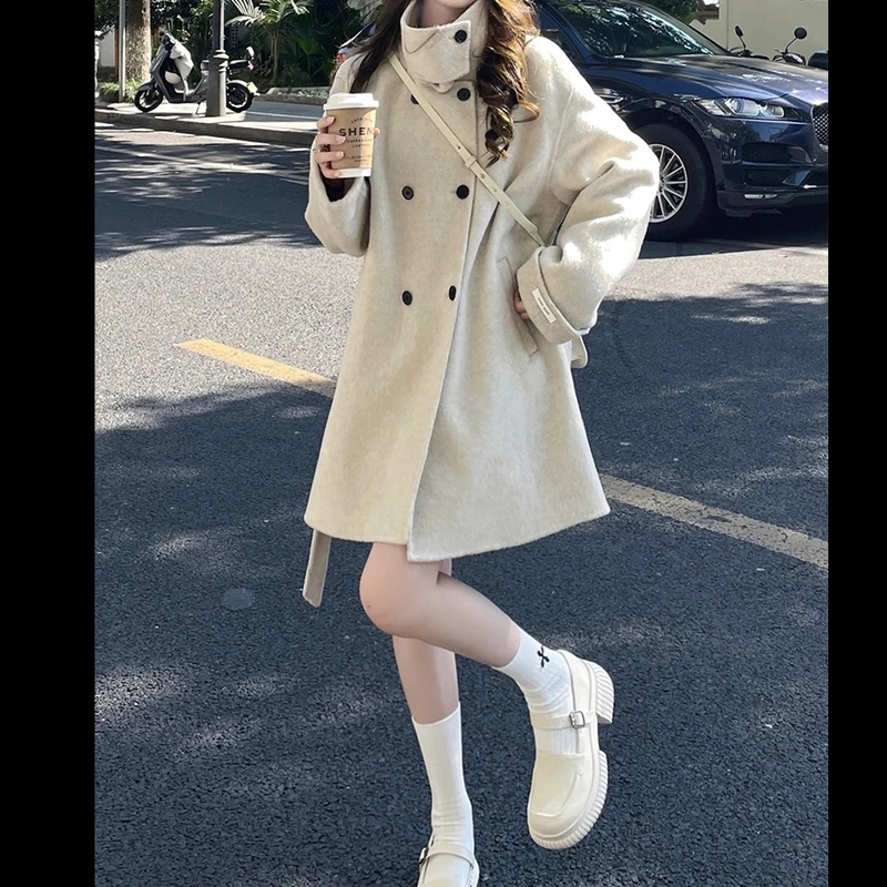 韩版高级感毛呢外套女秋冬装新款小个子赫本风气质系带立领大衣