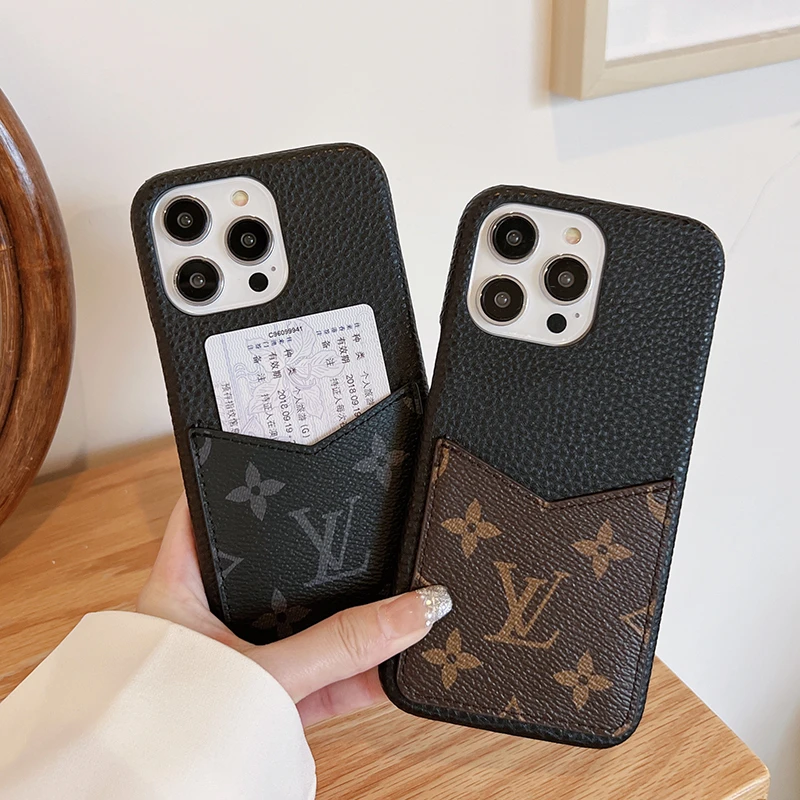 半包荔枝纹皮质插卡苹果14ProMax手机壳防摔个性11奢华iPhone15硬