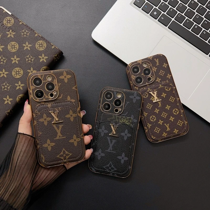 大牌插卡皮质奢侈苹果15Pro手机壳13高档老花iPhone14Pro防摔潮软