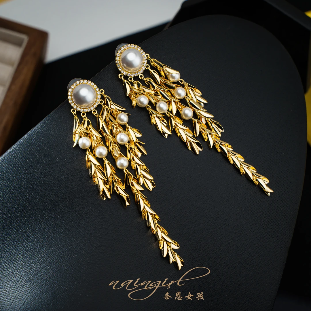 铜合金仿珍珠耳饰 925银针【女主角】大气个性流苏轻奢耳环E3072