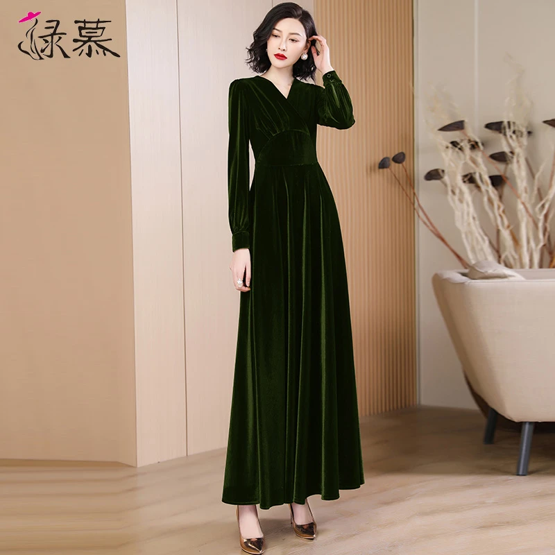 贵夫人金丝绒连衣裙女长款2025春装新款遮肉高贵气质收腰显瘦长裙
