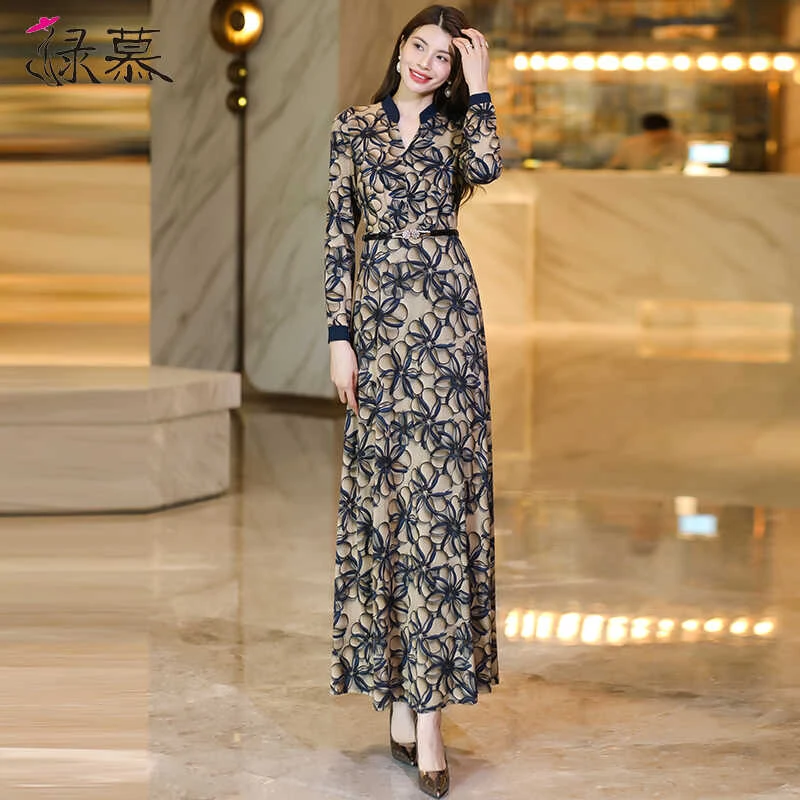 阔太太洋气高贵连衣裙女长袖2025春秋季新款收腰显瘦超长裙到脚踝