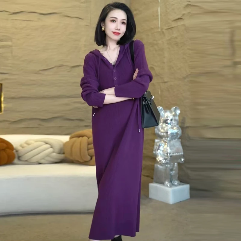 连帽针织衫连衣裙女宽松显瘦秋冬套头打底衫时尚气质休闲毛衣裙子
