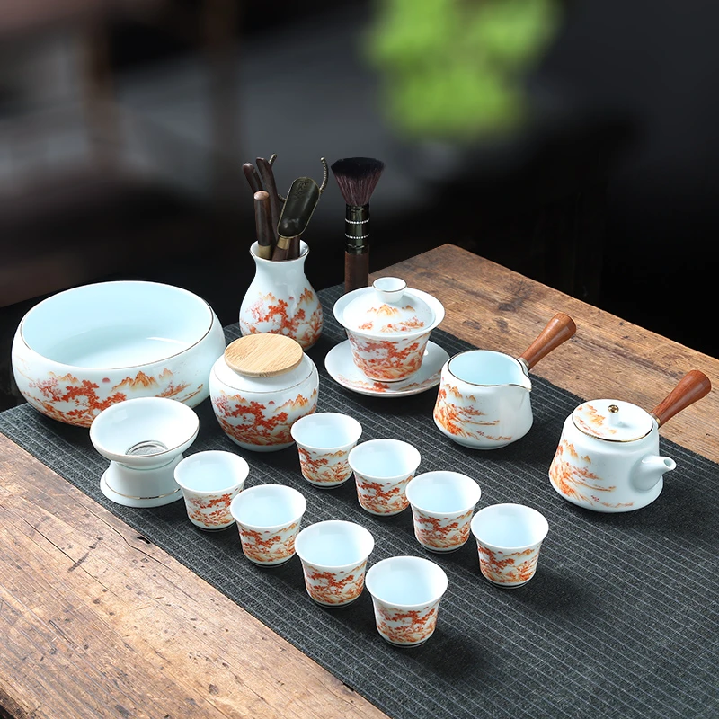功夫茶具套装高温陶瓷家用办公简约粉彩淡清侧把壶盖碗茶道礼盒装