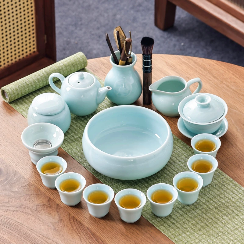 青瓷功夫茶具套装陶瓷影青家用办公简约盖碗茶壶茶杯小套茶道茶艺