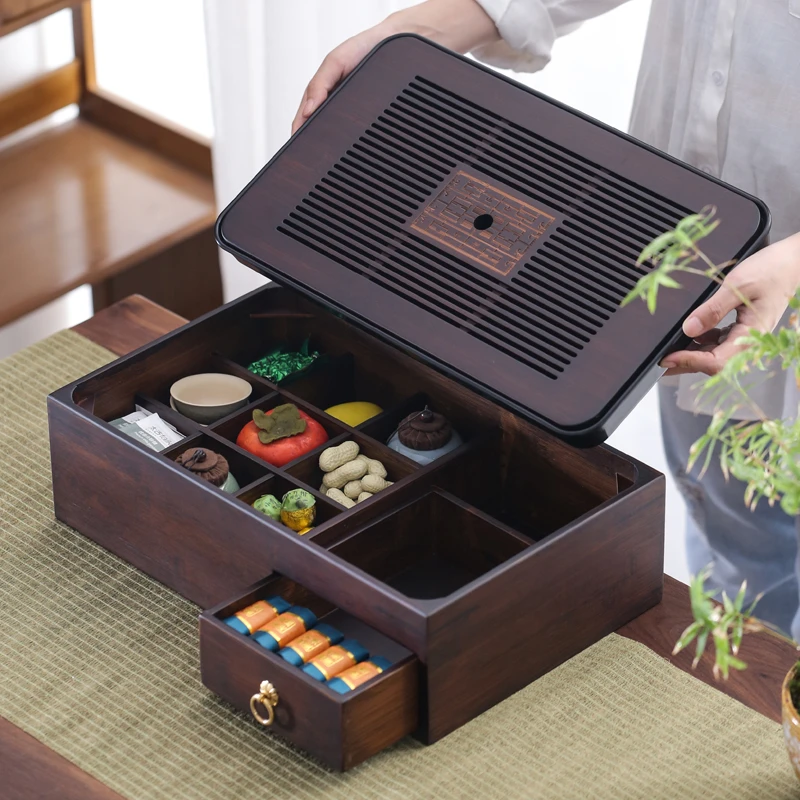功夫茶具茶盘简约家用多功能收纳盒抽屉式日式茶台托盘复古储物盒
