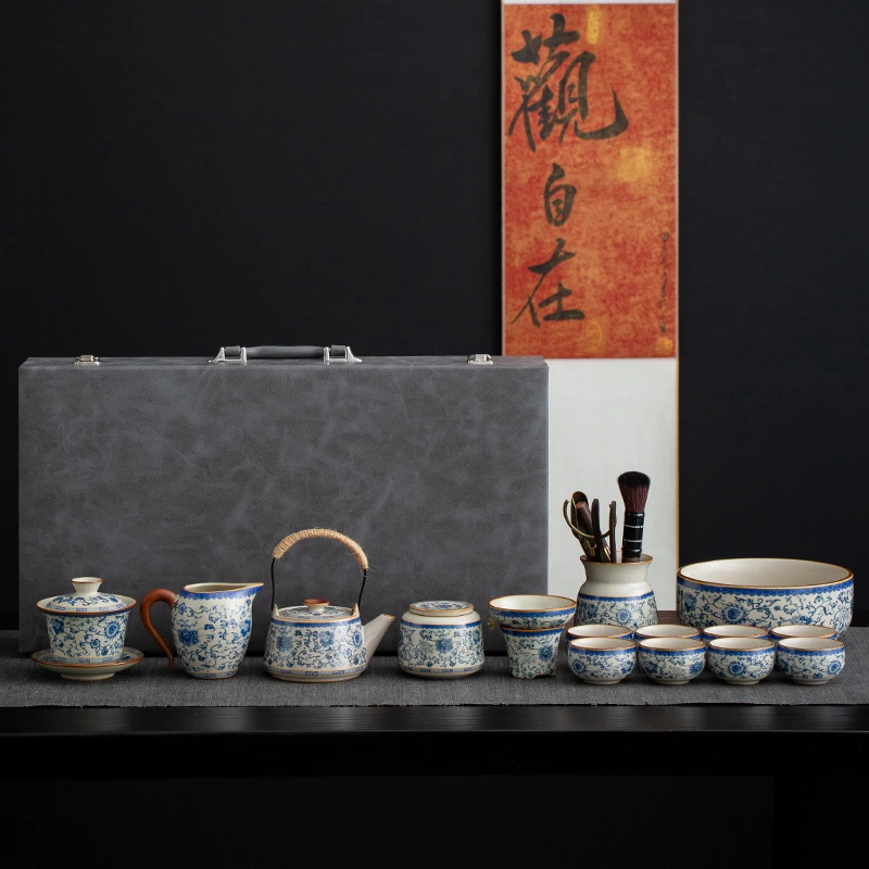 米黄汝窑功夫茶具青花瓷套装复古开片提梁壶家用盖碗茶具礼盒套装