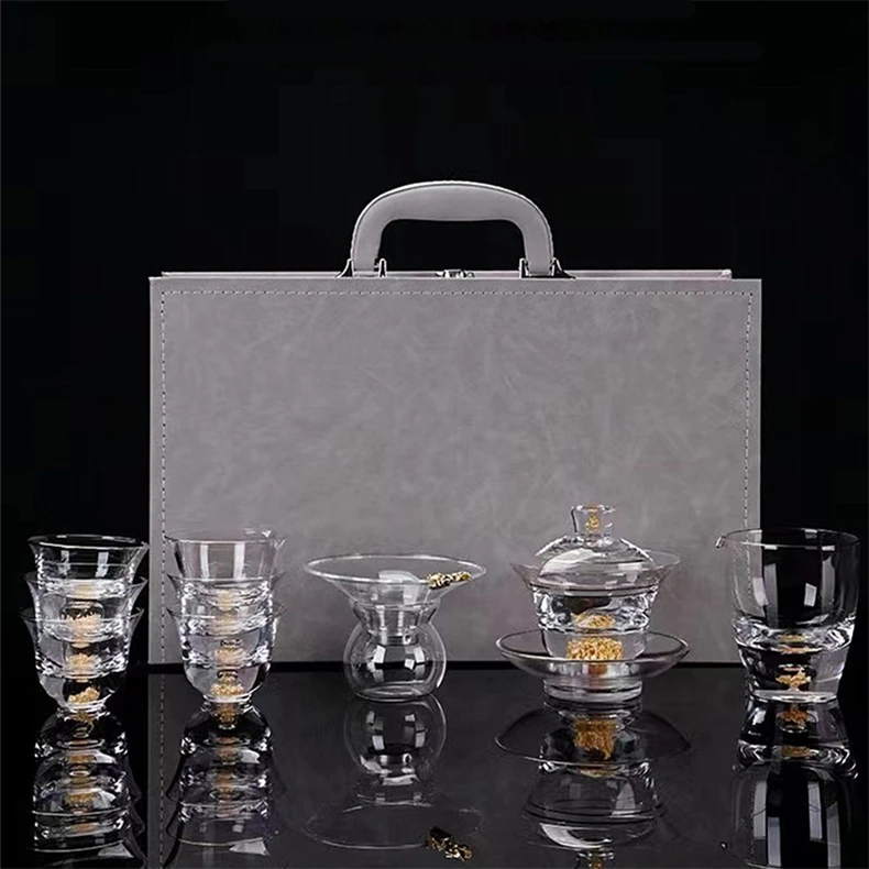 水晶玻璃功夫茶具套装家用办公简约透明藏金盖碗泡茶高档高端奢华