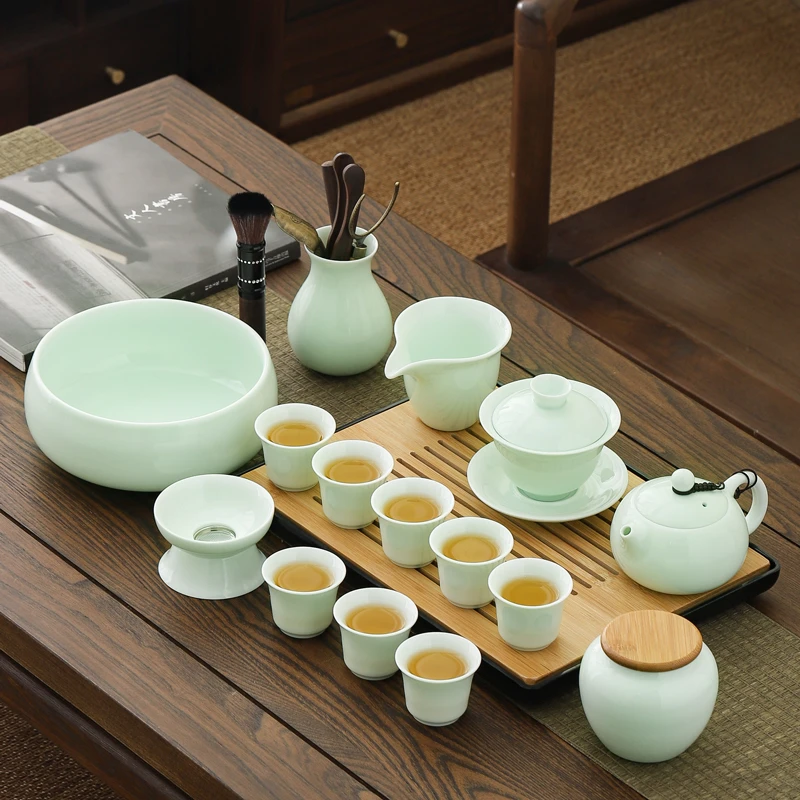 功夫茶具套装陶瓷轻奢小清新简约家用办公茶壶盖碗杯茶道干泡盘
