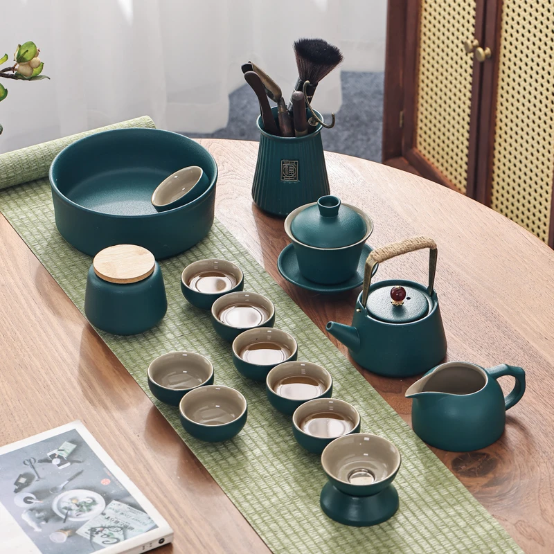 绿陶功夫茶具套装家用客厅简约陶瓷高端高档茶杯全套泡茶粗陶轻奢
