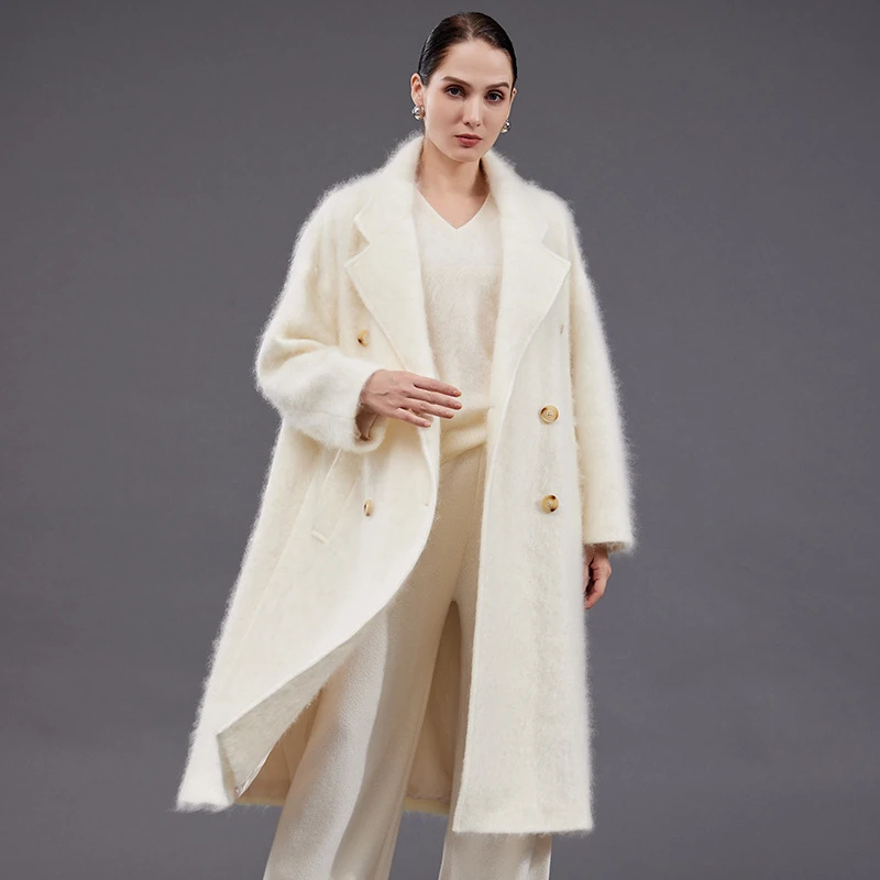 拉毛100%山羊绒长毛大衣女双排扣白色宽松中长款双面外套秋冬新款