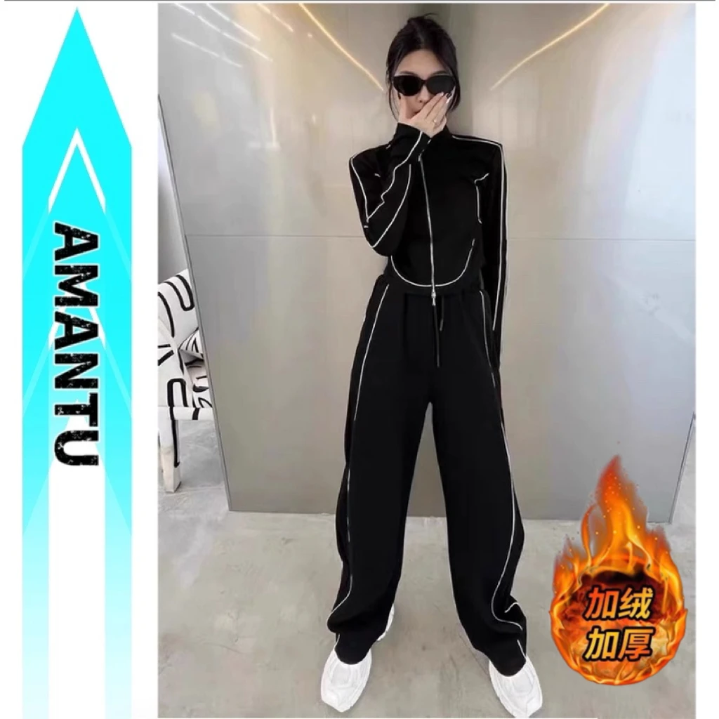 加绒加厚美式运动服套装女秋新款休闲韩版显瘦穿搭卫阔腿裤套装28