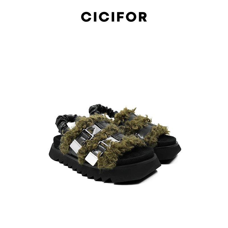 CICIFOR 熙熙芙 金属扣毛绒一字带圆头露趾厚底拖鞋 女款 墨绿色