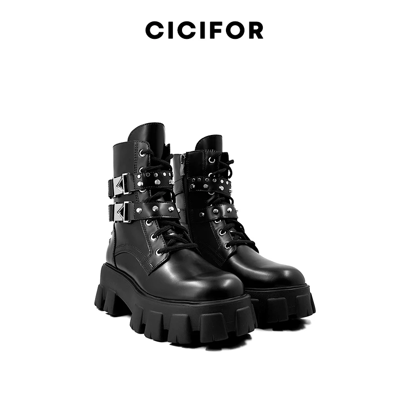 CICIFOR 熙熙芙 金属扣车缝线简约厚底铆钉圆头系带厚底拉链短靴