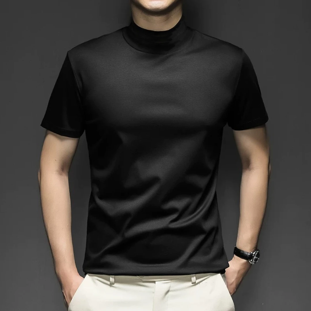 液氨丝光棉半高领短袖打底衫男潮流修身纯色中领内搭半袖T恤上衣