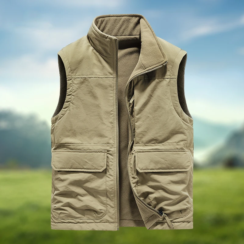 户外男士多口袋摇粒绒马夹秋冬外穿工装马甲无袖外套男运动大码