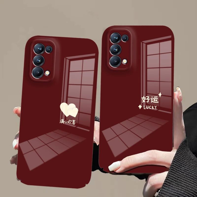 适用于【opporeno5/reno5K】菲林亮面酒红色好运满心欢喜全包手机壳