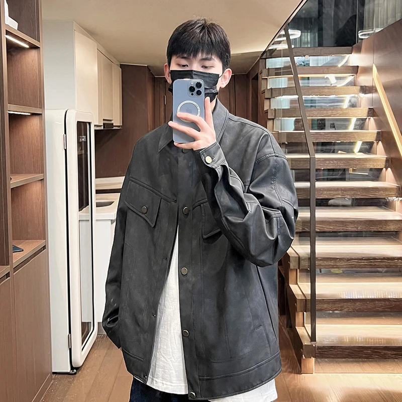 美式复古翻领皮衣男春季新款潮牌宽松麂皮绒夹克休闲外套pu皮衣服