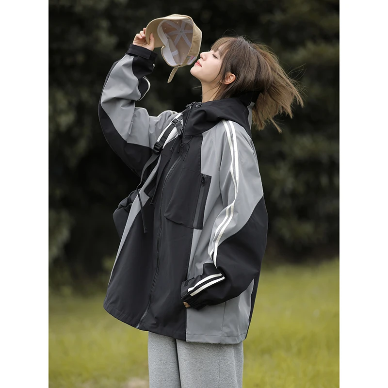 美式复古拼色冲锋衣男春秋潮牌宽松休闲夹克户外百搭连帽运动外套