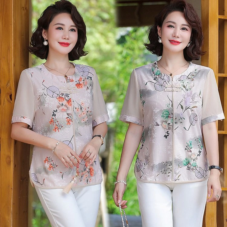 妈妈夏装清凉透气短袖T恤套装中老年女夏装中式小衫妈妈装母亲