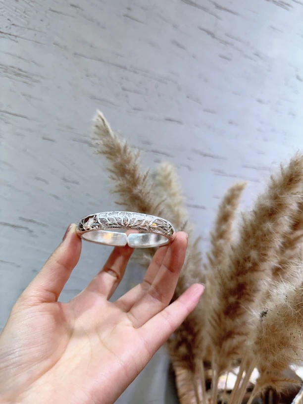 足银手镯 足银 足银999手工金鱼戏莲手镯