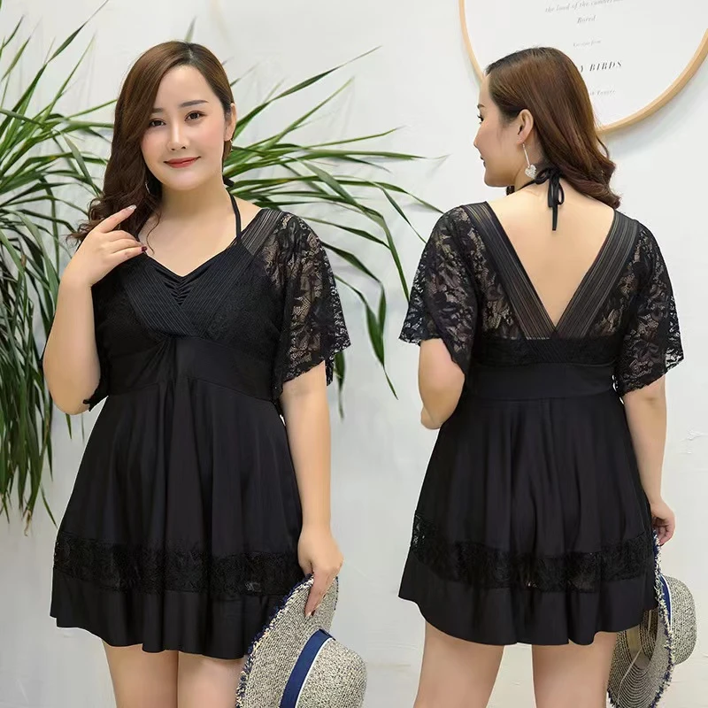 泳衣女2025新款网红款胖MM200斤性感蕾丝纯色显瘦裙式聚拢温泉游