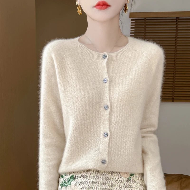 【一线成衣桂花针开衫】100%羊毛衫 24新款圆领百搭显瘦毛衣外套女